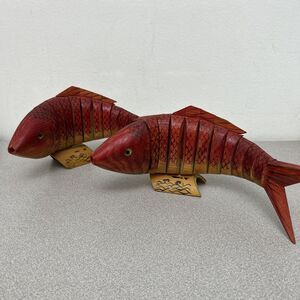 Vintage Lot Of 2 Red Koi Fish, Articulated, 13 Inches, Carved Wooden Figurines